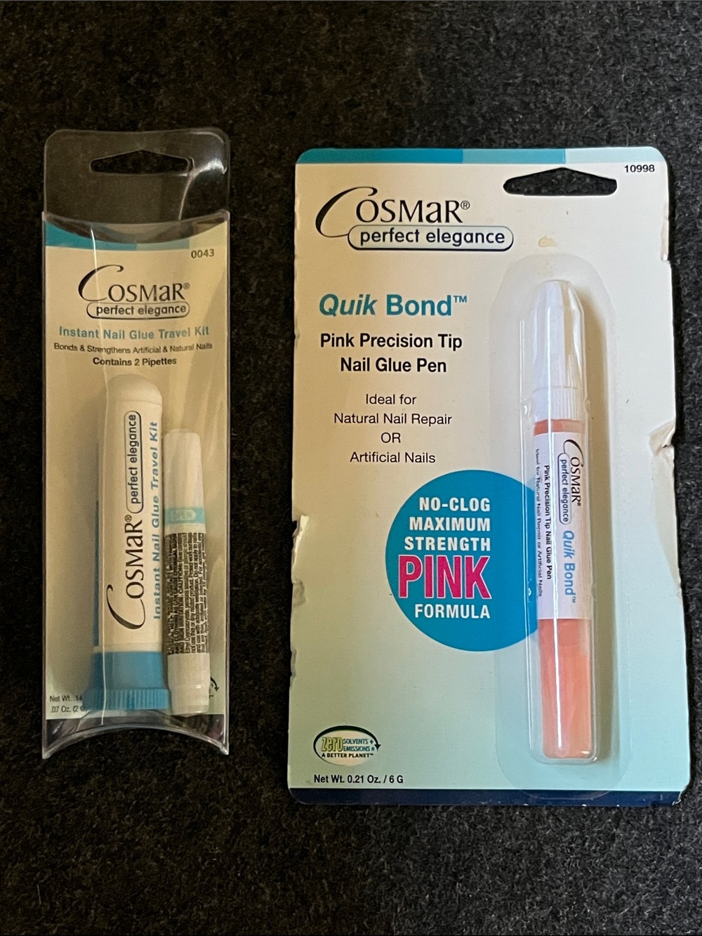 NWT Cosmar Quik Bond Pink Nail Glue Pen and 2pc travel set